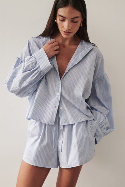 Holly wearing BERNICE BLUE STRIPE COTTON BLEND SHORT