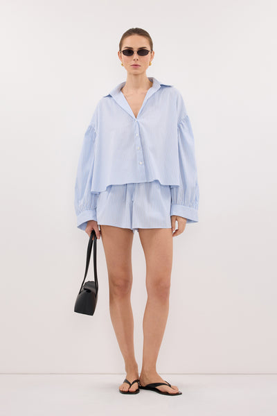 Stas wearing BERNICE BLUE STRIPE COTTON BLEND SHORT