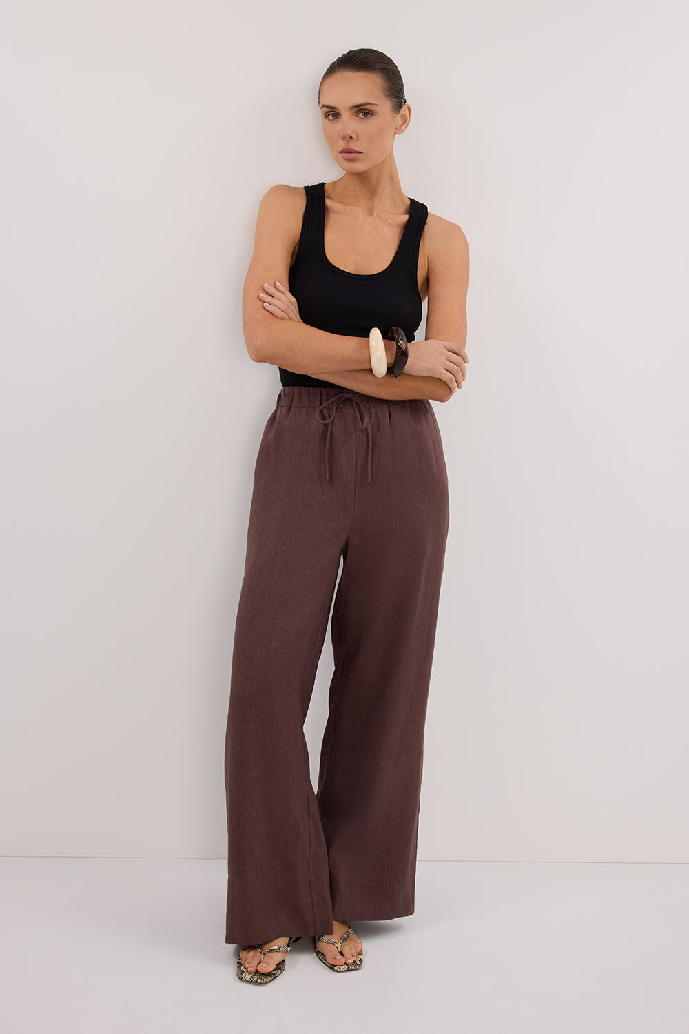 GINA CHOC LINEN ELASTIC WAIST PANT