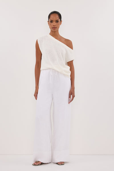 Kristen wearing GINA WHITE LINEN ELASTIC WAIST PANT