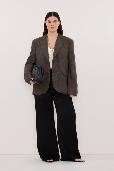 Jasmine wearing MYA BLACK SATIN PANT