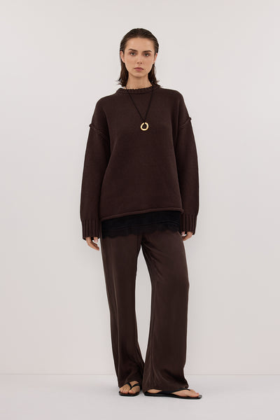 Stas wearing PERCY BITTER CHOC SILK PANT