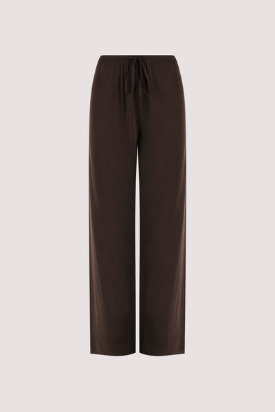 Kristen wearing PERCY BITTER CHOC SILK PANT