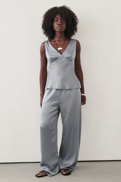 Cynthia wearing PERCY DUSTY BLUE SILK PANT