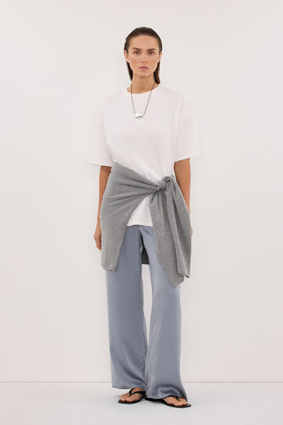 Stas wearing PERCY DUSTY BLUE SILK PANT