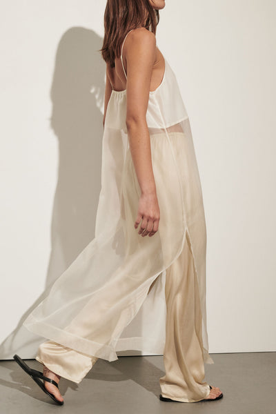 Sofia wearing PERCY SANDSTONE SILK PANT