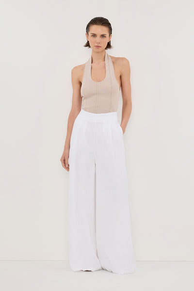 Stas wearing CODY WHITE WIDE LINEN PANT