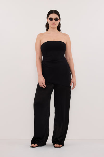 Jasmine wearing MONICA BLACK SATIN PANT