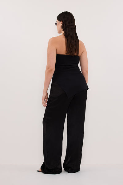 Jasmine wearing MONICA BLACK SATIN PANT