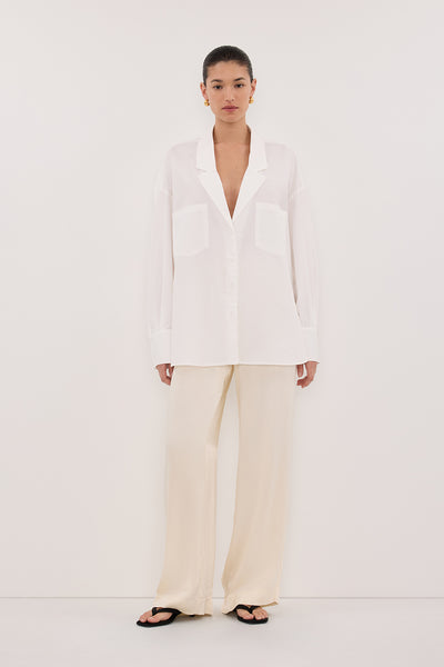 Aude wearing MONICA CREAM SATIN PANT