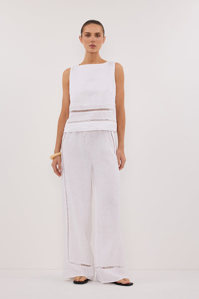 Stas wearing LINDSAY WHITE LINEN PANT