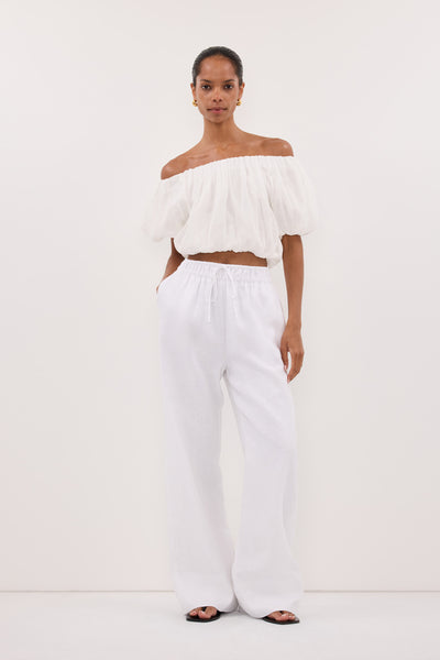 Kristen wearing NOA WHITE LINEN PANT