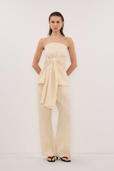 Stas wearing CARLA BUTTERMILK DRAWSTRING LINEN PANT