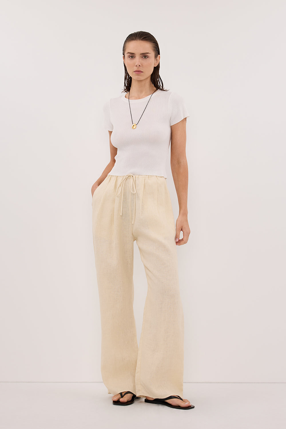 CARLA BUTTERMILK DRAWSTRING LINEN PANT