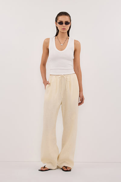 Kristen wearing CARLA STRAW DRAWSTRING LINEN PANT