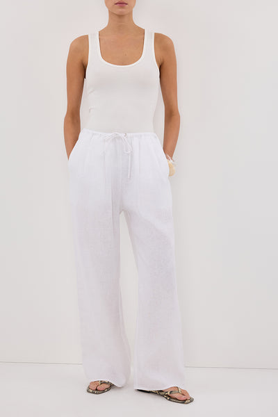Casey wearing CARLA WHITE DRAWSTRING LINEN PANT