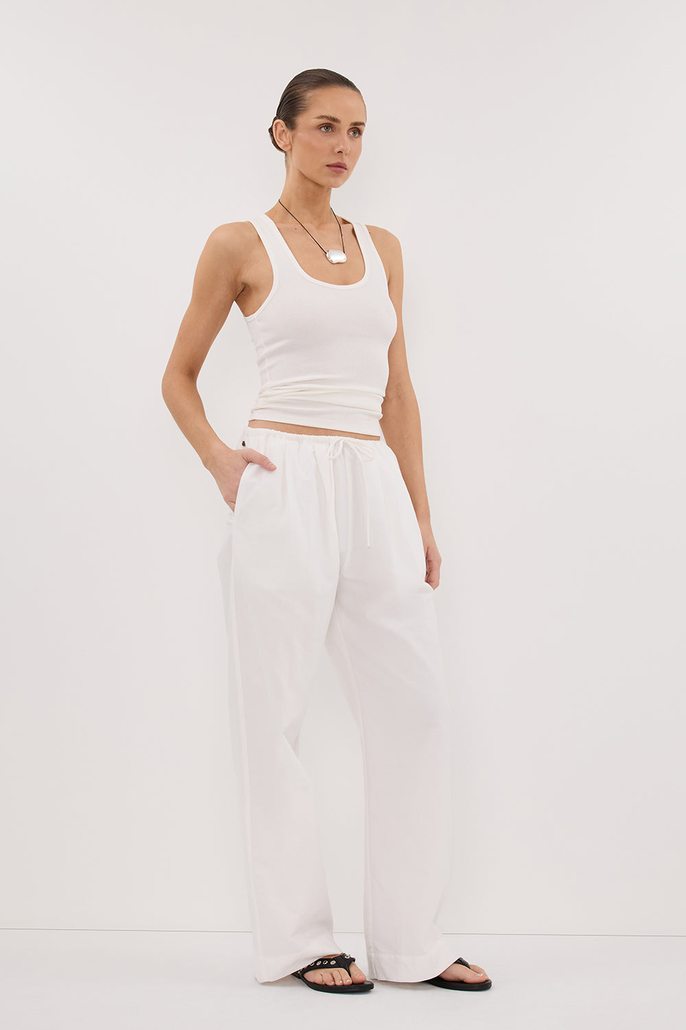 RHEA WHITE COTTON DRAWSTRING PANT
