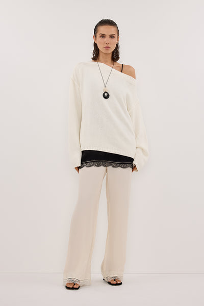 Stas wearing ANDREA SANDSTONE CUPRO LACE PANT