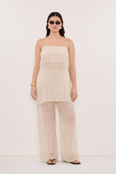 Jasmine wearing VANESSA SANDSTONE SPOT PANT