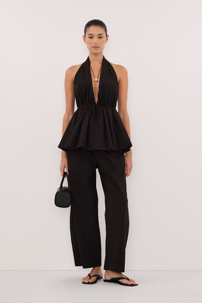 Aude wearing SCOUT BLACK COTTON BARREL LEG PANT