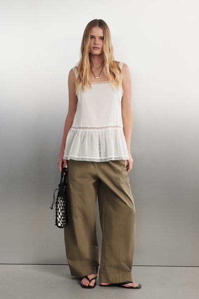 Zoe wearing SCOUT KHAKI COTTON BARREL LEG PANT