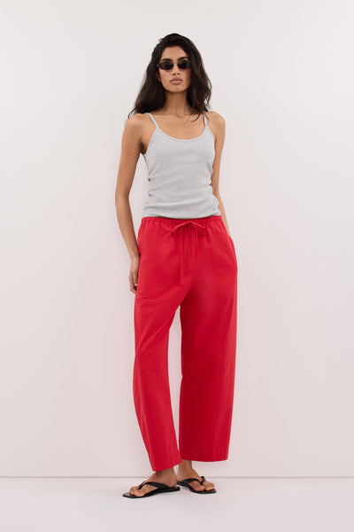 Anaya wearing SCOUT RED COTTON BARREL LEG PANT