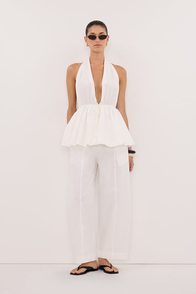 Aude wearing SCOUT WHITE COTTON BARREL LEG PANT