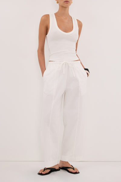 Aude wearing SCOUT WHITE COTTON BARREL LEG PANT
