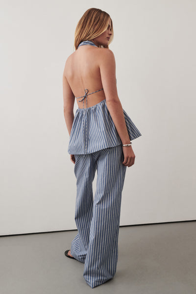 Zoe wearing GRACIE BLUE STRIPE DRAWSTRING PANT