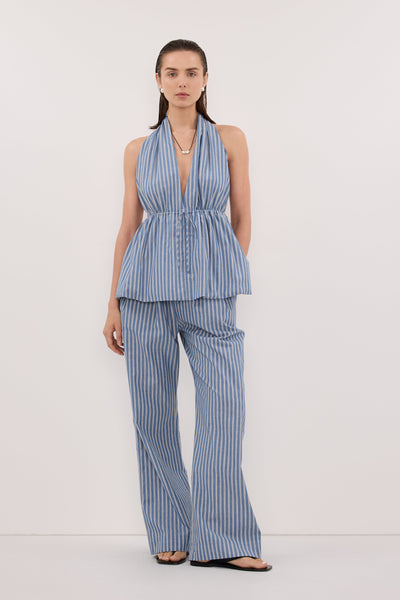 Stas wearing GRACIE BLUE STRIPE DRAWSTRING PANT