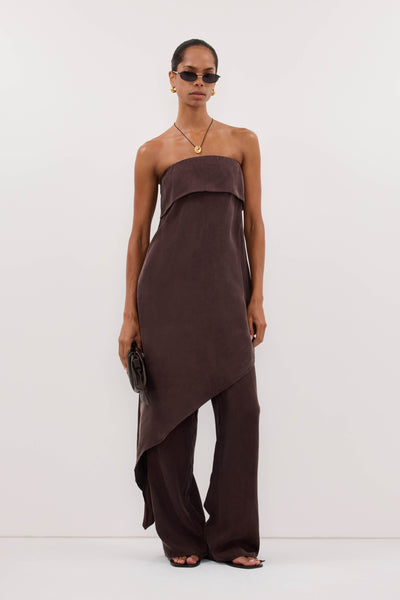 Kristen wearing XENA PLUM CHOC CUPRO SIDE SPLIT PANT