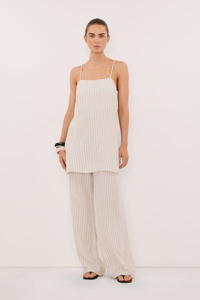 Joanna wearing AMARA CREAM STRIPE CUPRO PANT