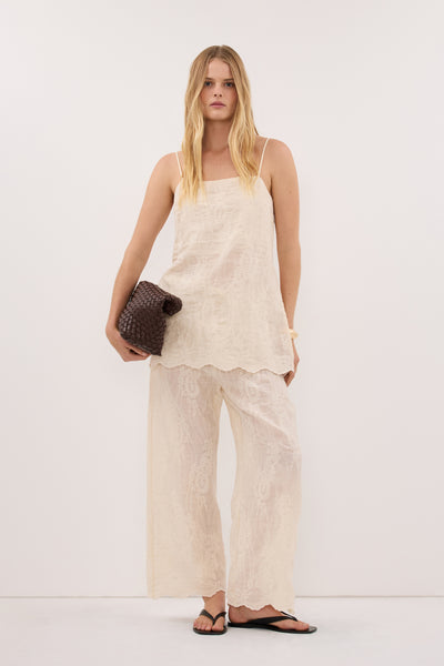 Zoe wearing CORDELIA SANDSTONE CROPPED RAMIE PANT
