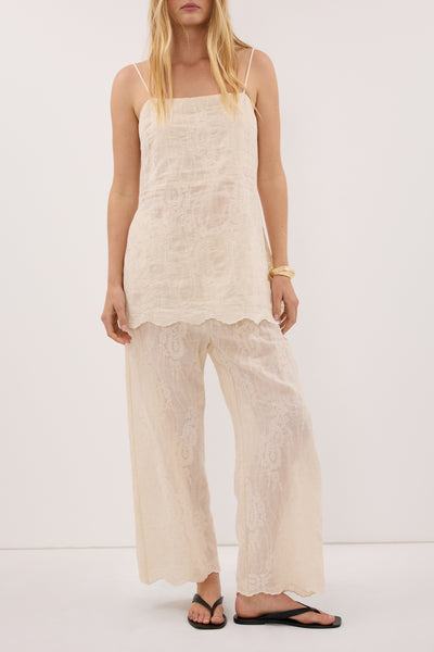 Zoe wearing CORDELIA SANDSTONE RAMIE PANT
