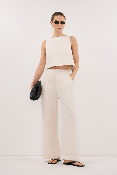 Stas wearing ROSALIE CREAM MARLE TAILORED PANT