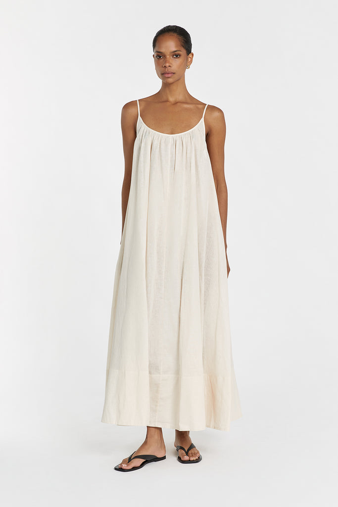 TROPEA CREAM LINEN SHEER MIDI DRESS | Dissh