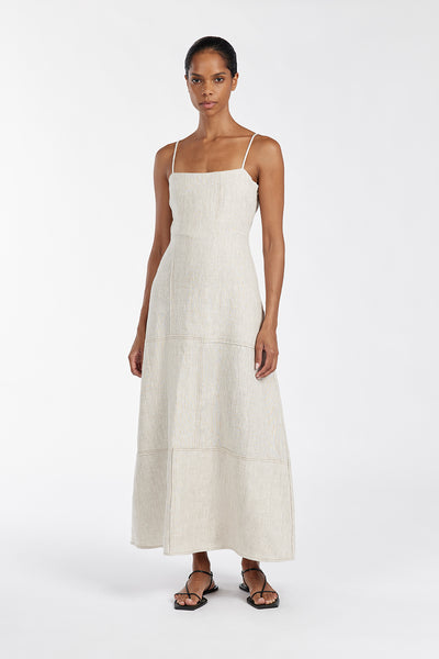 Kristen wearing CATIE NATURAL PATCHWORK MIDI DRESS