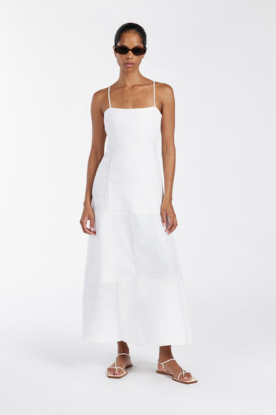 Kristen wearing CATIE WHITE PATCHWORK MIDI DRESS