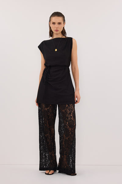 Stas wearing MARMO BLACK DRAPED MINI DRESS