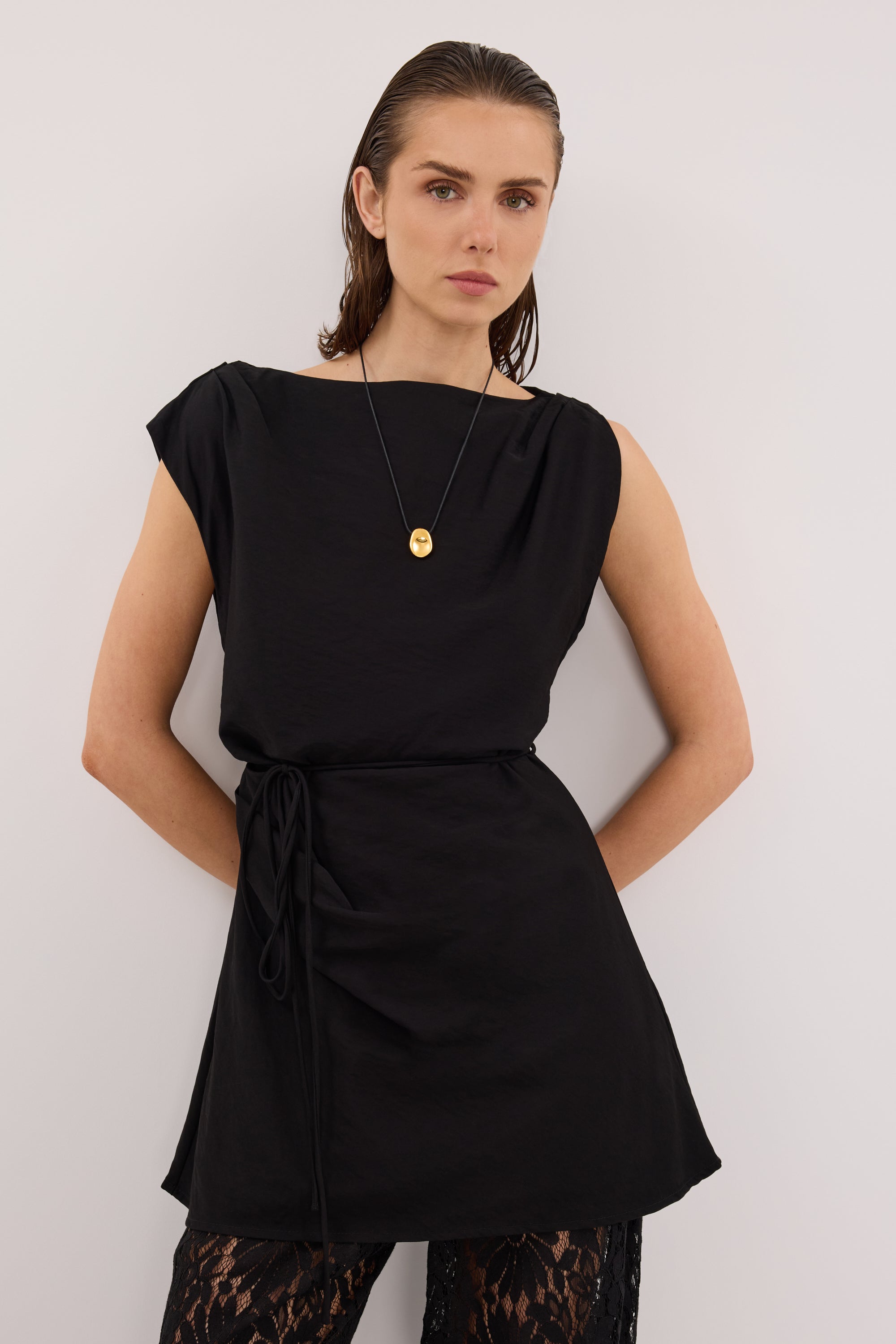 black long sleeve mini skater dress Marmo Draped Mini Dress in Black By DISSH
