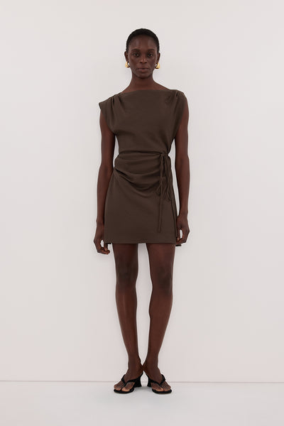 MARMO CHOCOLATE DRAPED MINI DRESS – DISSH