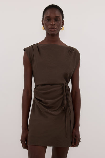 Maguette wearing MARMO CHOCOLATE DRAPED MINI DRESS