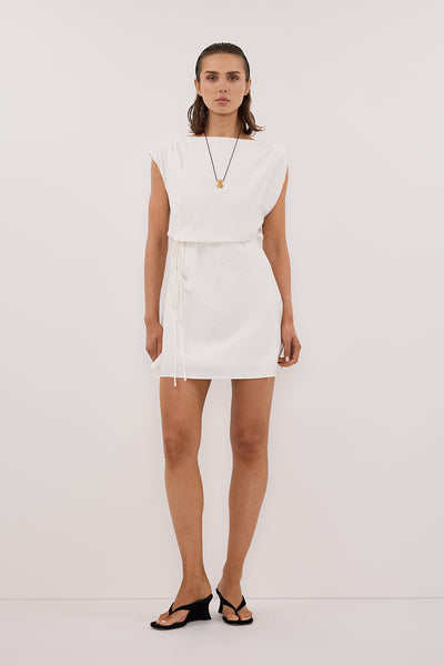 Stas wearing MARMO WHITE DRAPED MINI DRESS