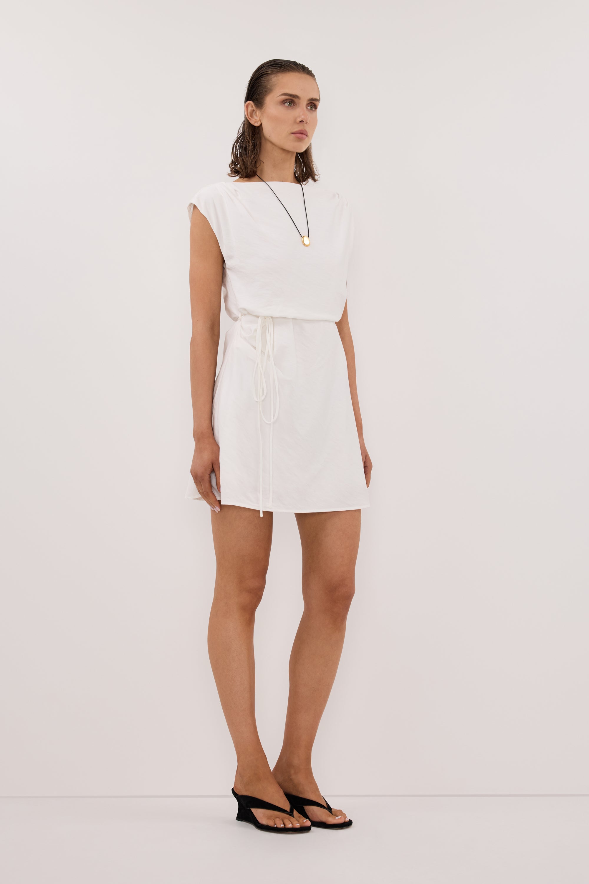 white draped dress Marmo Draped Mini Dress in White By DISSH