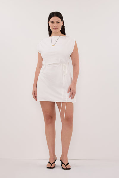 Jasmine wearing MARMO WHITE DRAPED MINI DRESS