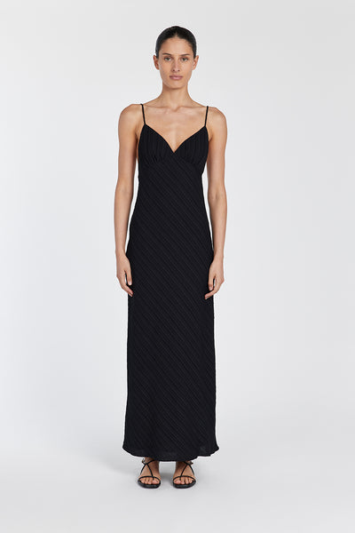 Adrienne wearing LOZ BLACK SLIP MIDI DRESS