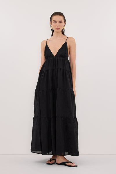 Stas wearing LIZA BLACK RAMIE MIDI DRESS