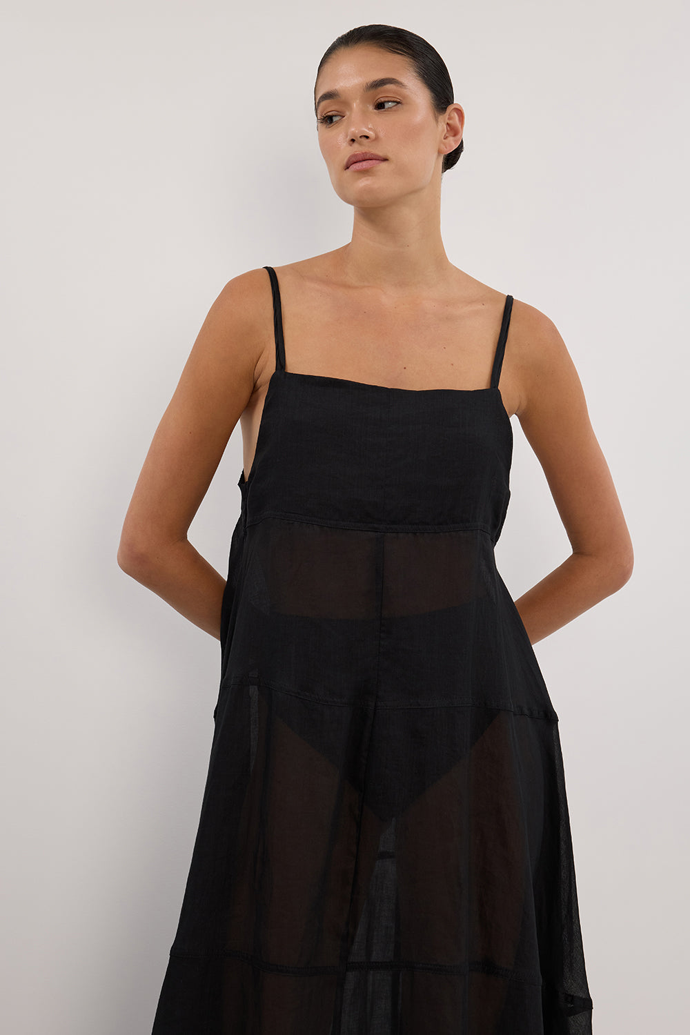 TINA BLACK RAMIE HIGH NECK MIDI DRESS