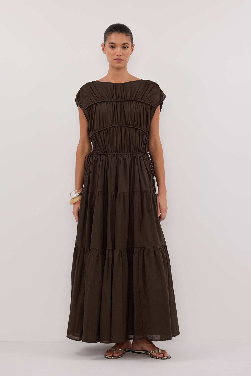 dissh linen dress ELENA BUTTERMILK MAXI Concealed button closure at side waist. FLYNN BITTER CHOC LINEN BLEND