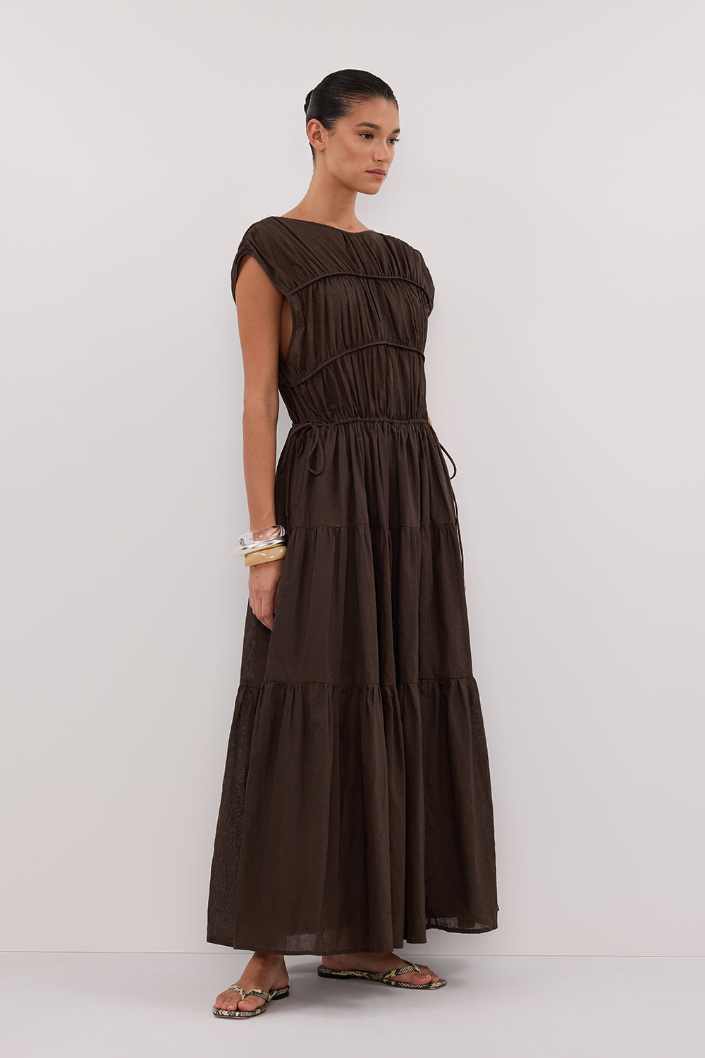 FLYNN BITTER CHOC LINEN BLEND MIDI DRESS